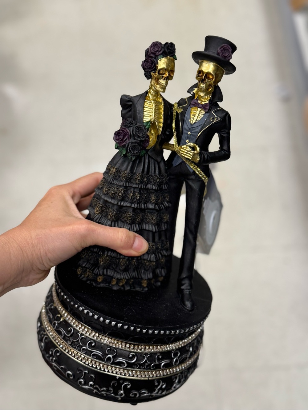 Gold & Black Skeleton Couple Figurine with Purple Rose Accents